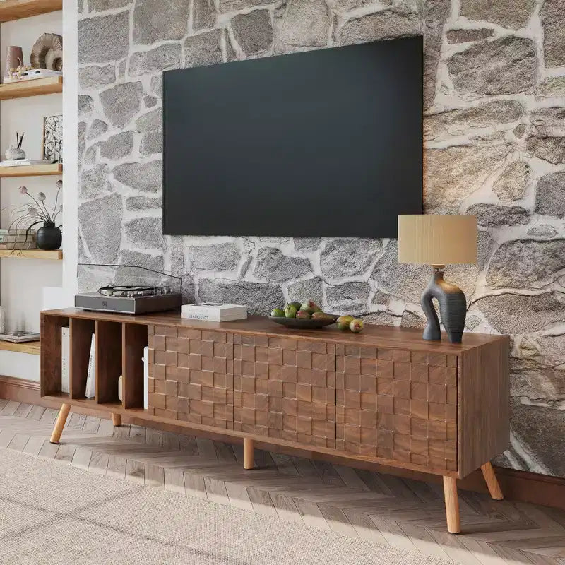 Meuble TV vintage avec portes pour téléviseur de 80 pouces, table de rangement TV en bois