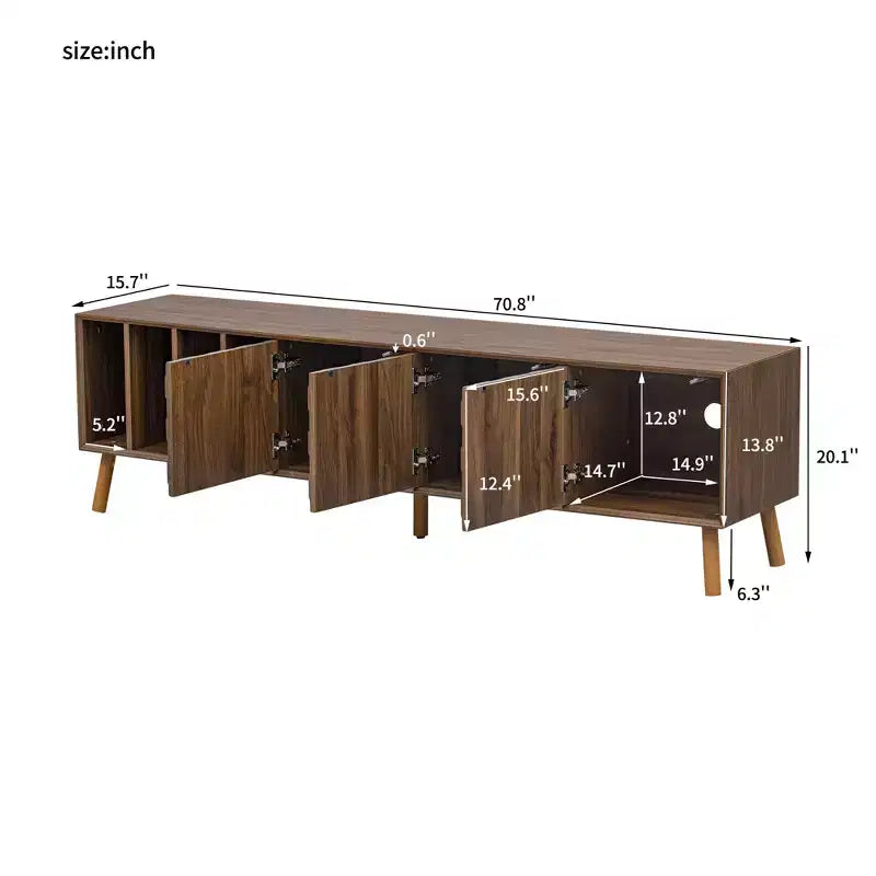 Meuble TV vintage avec portes pour téléviseur de 80 pouces, table de rangement TV en bois