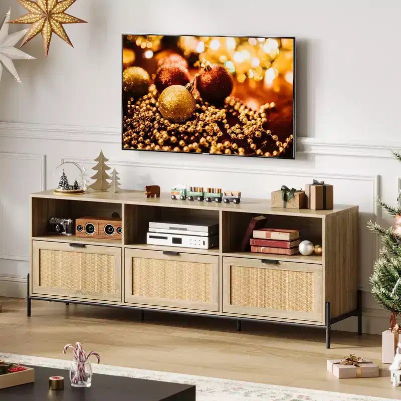 TV Stand for 75 in Entertainment Center with Storage, 65 in Console Table with Metal Legs, Rattan Media Cabinet with 2 Doors, Wooden Stands