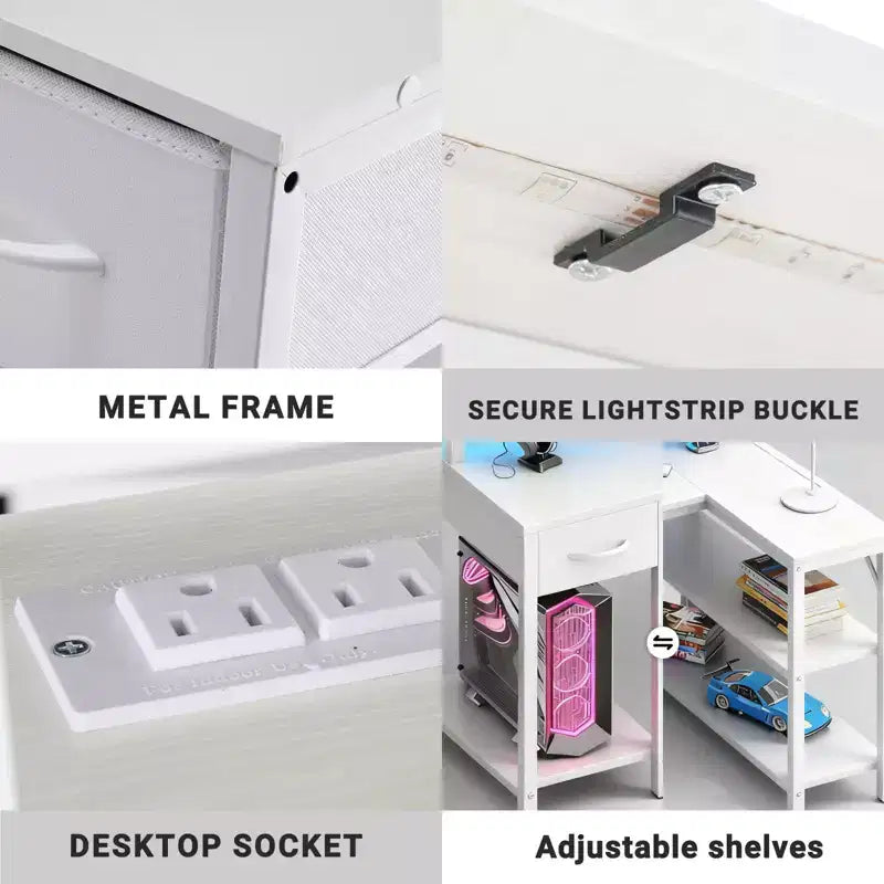 Bureau d'angle réversible avec LED, prises de courant intégrées