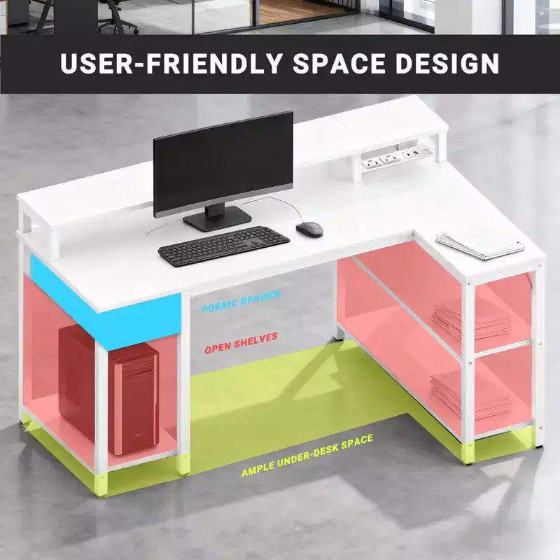 Bureau d'angle réversible avec LED, prises de courant intégrées