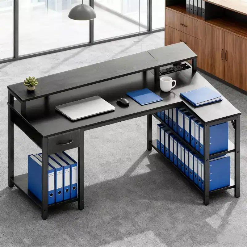 Bureau d'angle réversible avec LED, prises de courant intégrées