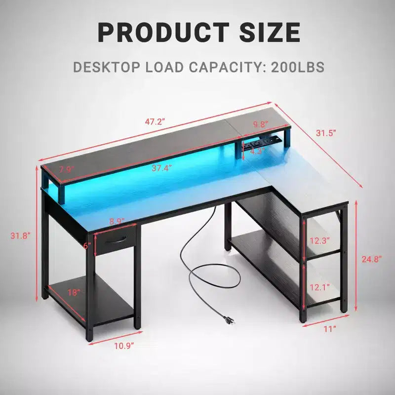 Bureau d'angle réversible avec LED, prises de courant intégrées