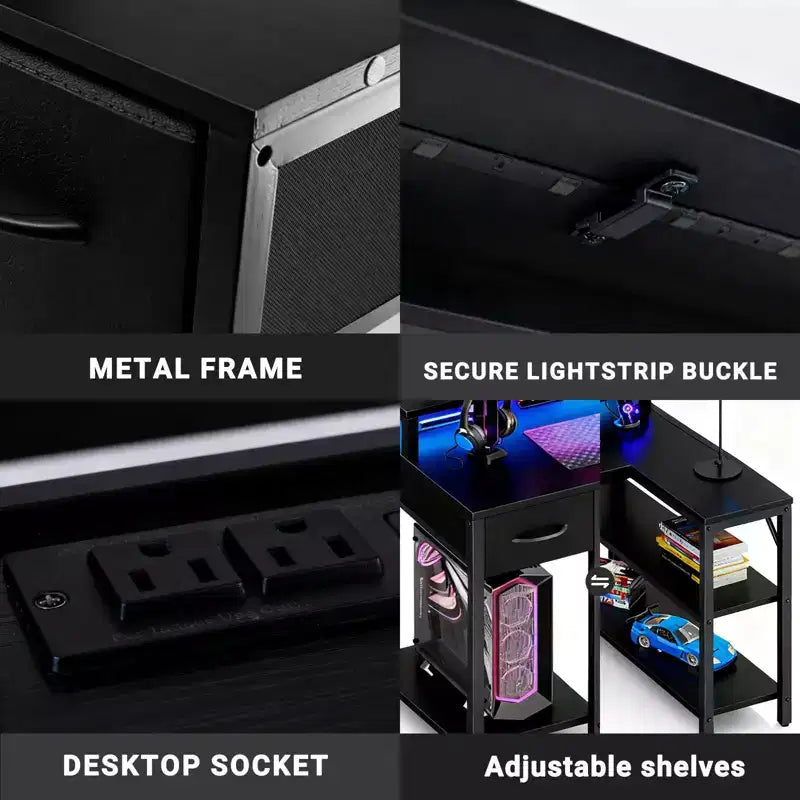 Bureau d'angle réversible avec LED, prises de courant intégrées