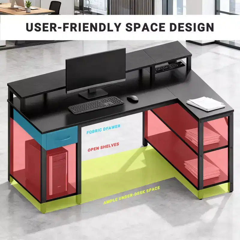 Bureau d'angle réversible avec LED, prises de courant intégrées