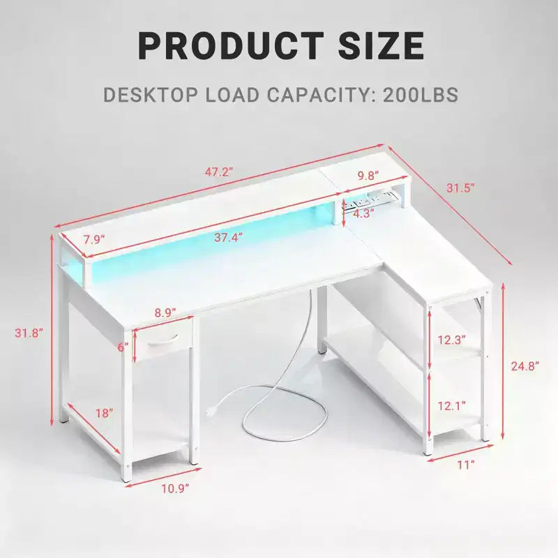 Bureau d'angle réversible avec LED, prises de courant intégrées
