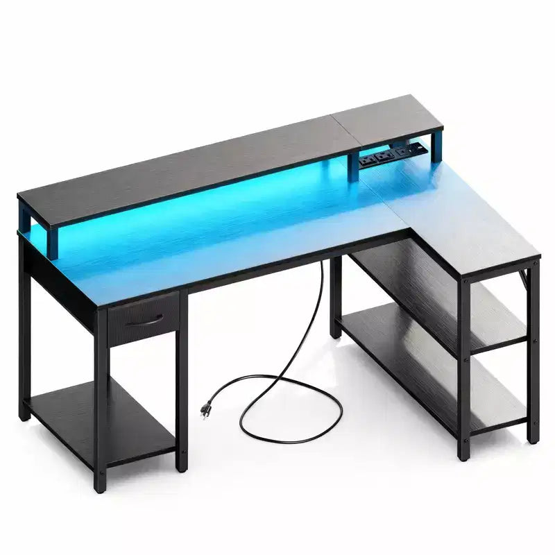 TUYOHW 47/53 Reversible L-Shaped Computer Desk with LED,Home Office Desks with Power Outlets & Open Shleves for Studying Room,Gaming Room