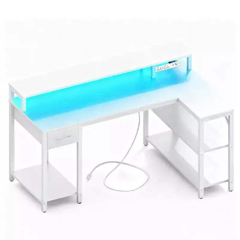 Bureau d'angle réversible avec LED, prises de courant intégrées