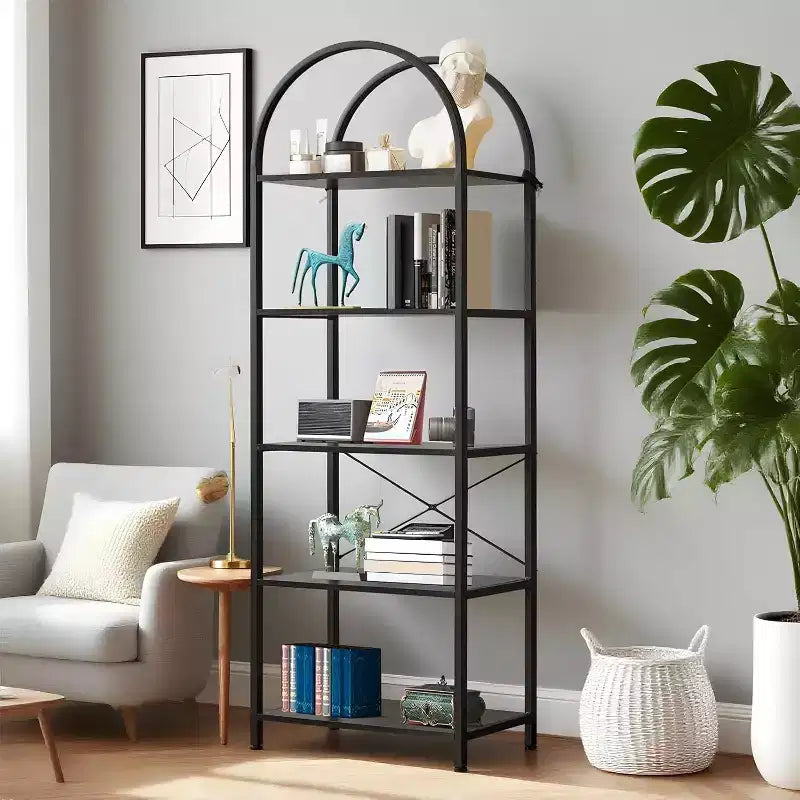 5 Tier Arched Bookshelf with Metal Frame, Open Display Shelf for Multi-Room Use, Space Saving Design Easy Assembly Modern Storage Rack for Bedroom