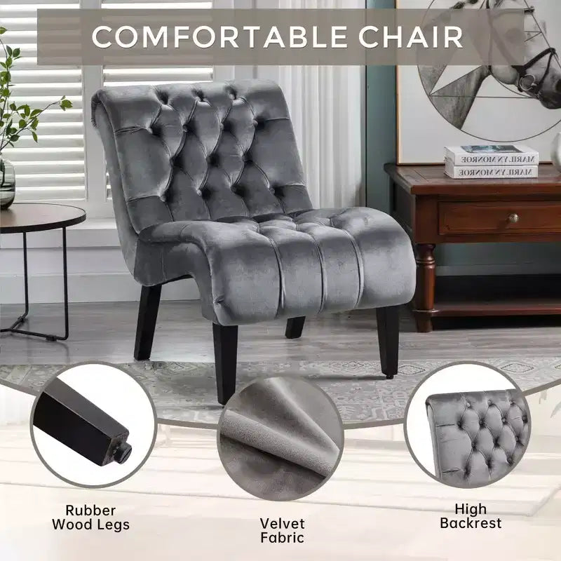 Fauteuil d'appoint sans accoudoirs en velours, avec boutons en tissu et pieds en bois