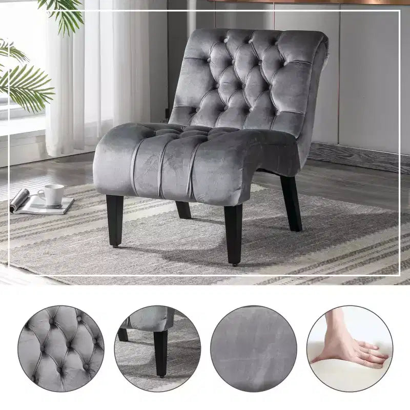 Fauteuil d'appoint sans accoudoirs en velours, avec boutons en tissu et pieds en bois