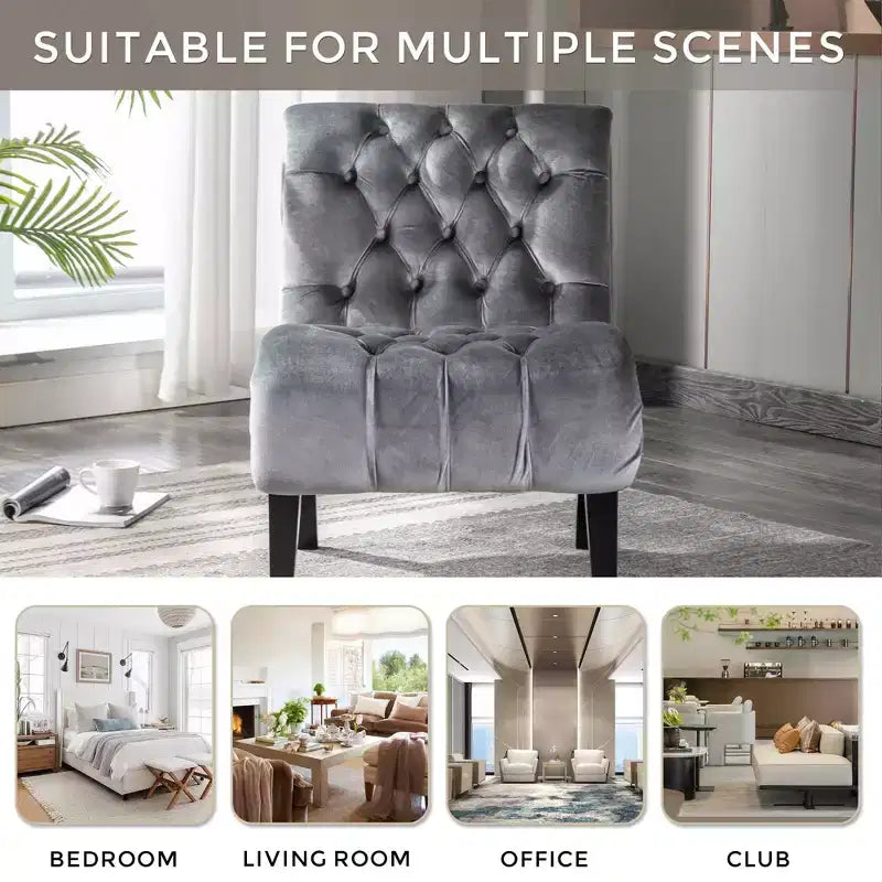 Fauteuil d'appoint sans accoudoirs en velours, avec boutons en tissu et pieds en bois
