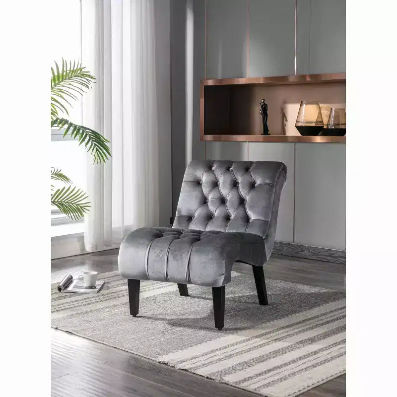 Fauteuil d'appoint sans accoudoirs en velours, avec boutons en tissu et pieds en bois