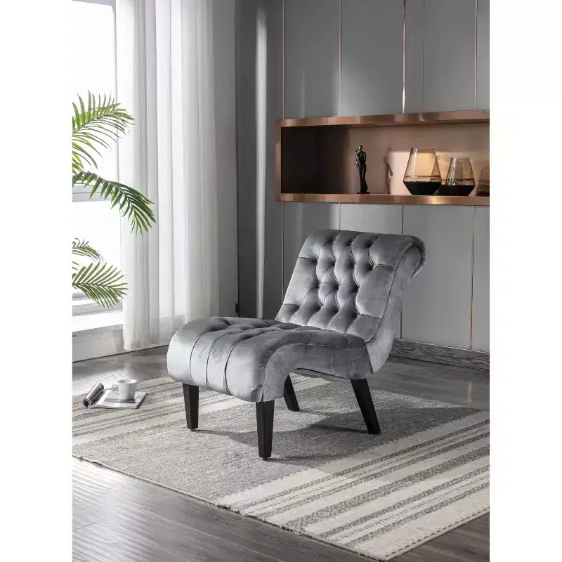 Fauteuil d'appoint sans accoudoirs en velours, avec boutons en tissu et pieds en bois
