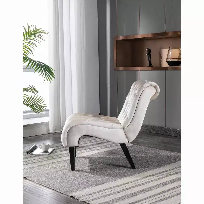 Fauteuil d'appoint sans accoudoirs en velours, avec boutons en tissu et pieds en bois