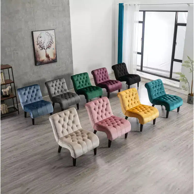 Fauteuil d'appoint sans accoudoirs en velours, avec boutons en tissu et pieds en bois