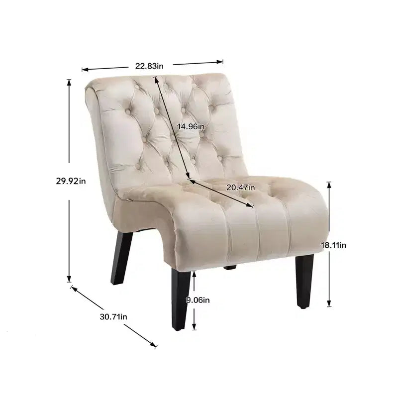 Fauteuil d'appoint sans accoudoirs en velours, avec boutons en tissu et pieds en bois