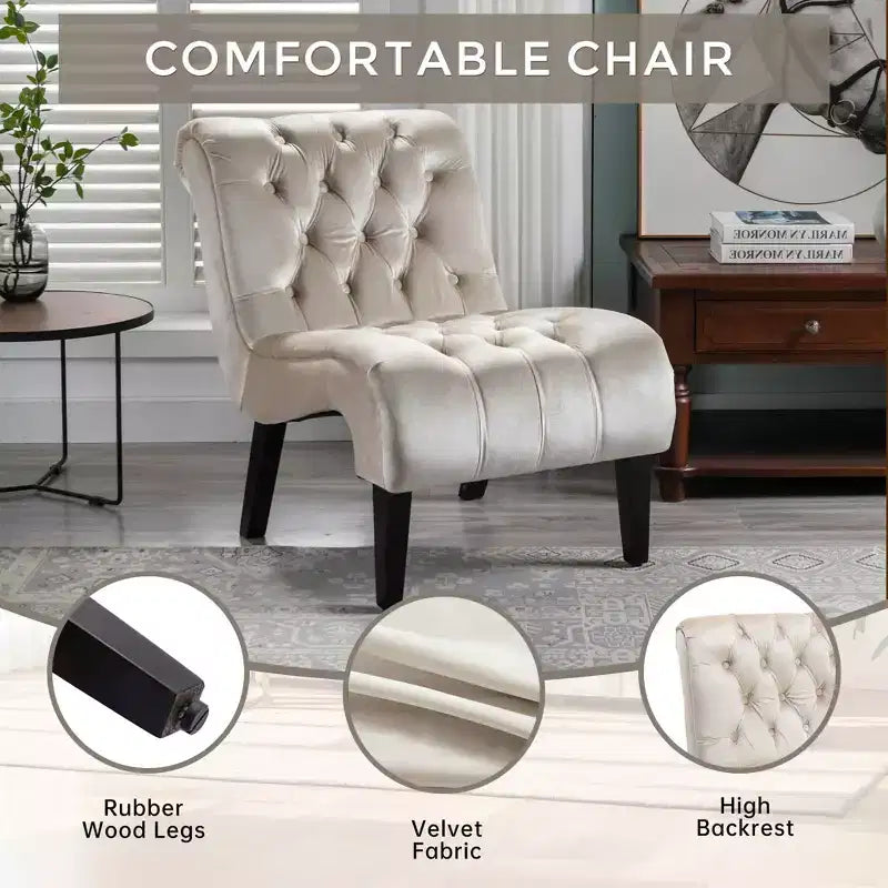 Fauteuil d'appoint sans accoudoirs en velours, avec boutons en tissu et pieds en bois