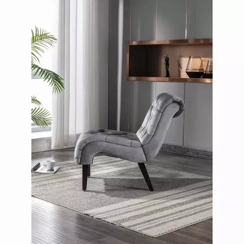 Fauteuil d'appoint sans accoudoirs en velours, avec boutons en tissu et pieds en bois