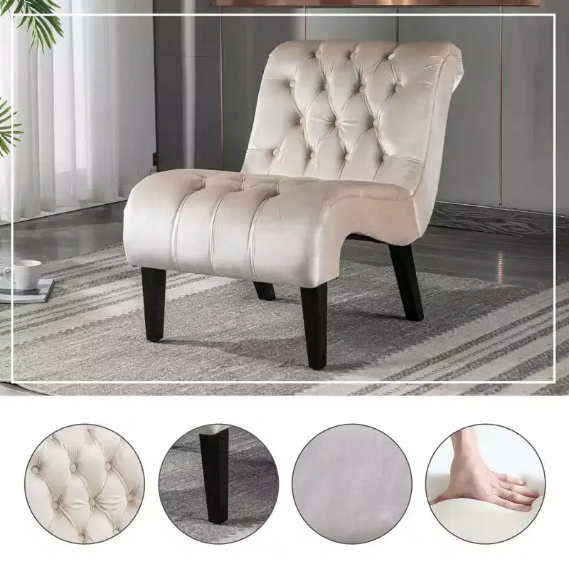 Fauteuil d'appoint sans accoudoirs en velours, avec boutons en tissu et pieds en bois