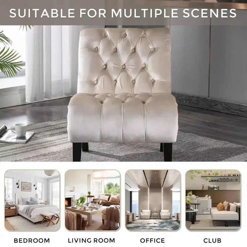 Fauteuil d'appoint sans accoudoirs en velours, avec boutons en tissu et pieds en bois
