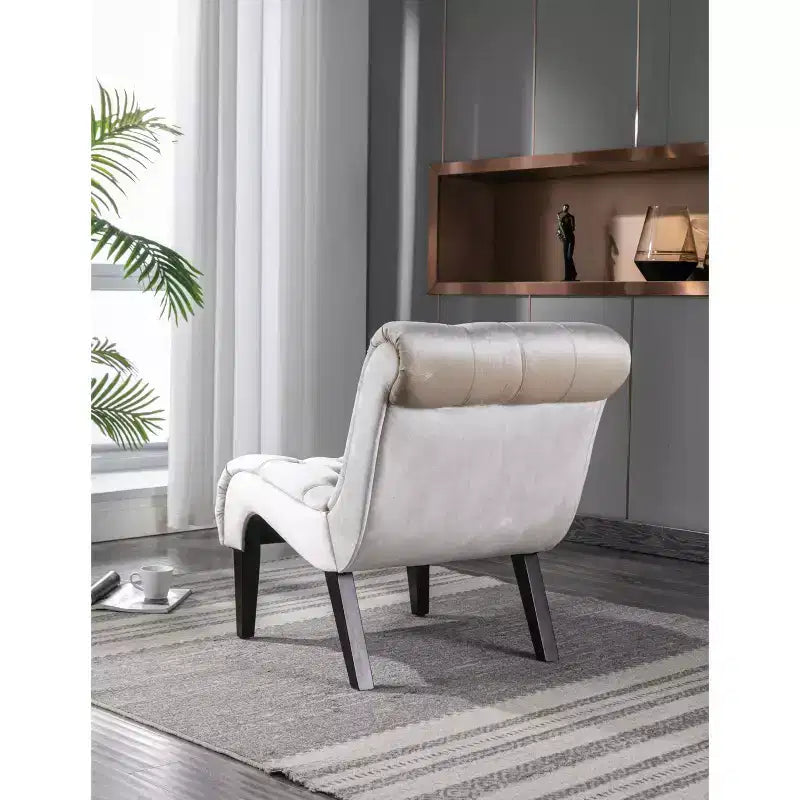 Fauteuil d'appoint sans accoudoirs en velours, avec boutons en tissu et pieds en bois