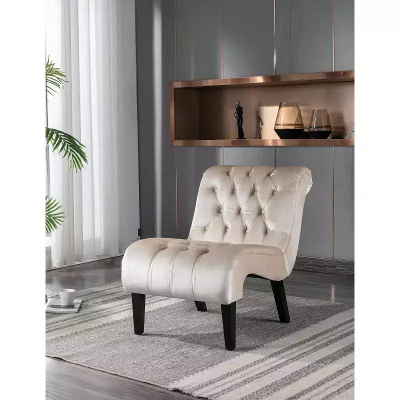 Fauteuil d'appoint sans accoudoirs en velours, avec boutons en tissu et pieds en bois