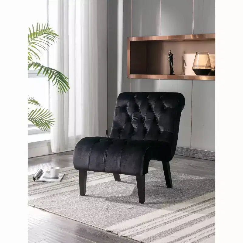 Fauteuil d'appoint sans accoudoirs en velours, avec boutons en tissu et pieds en bois