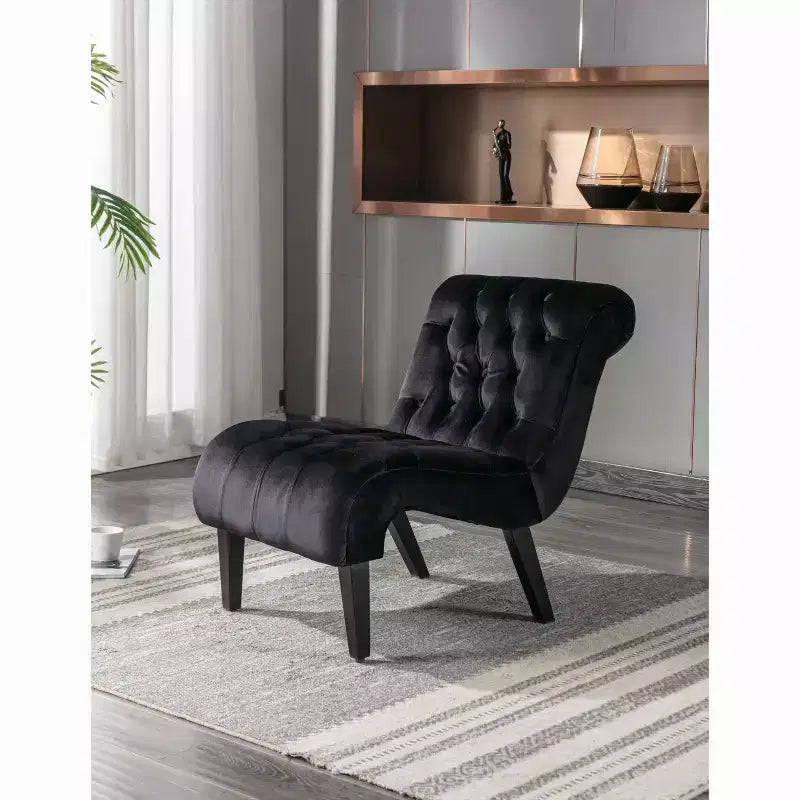 Fauteuil d'appoint sans accoudoirs en velours, avec boutons en tissu et pieds en bois