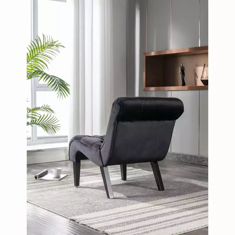 Fauteuil d'appoint sans accoudoirs en velours, avec boutons en tissu et pieds en bois