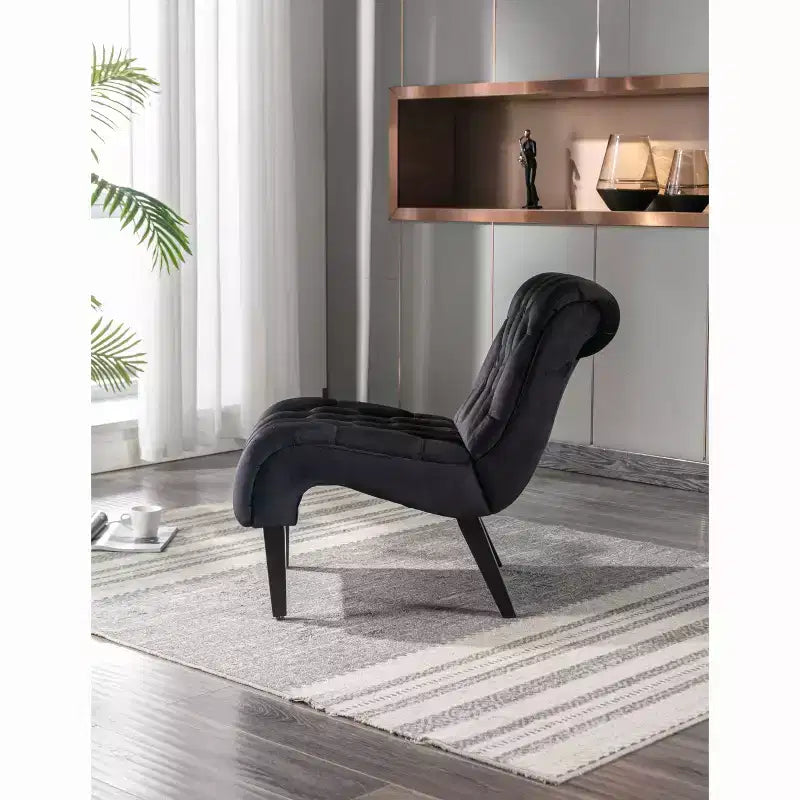 Fauteuil d'appoint sans accoudoirs en velours, avec boutons en tissu et pieds en bois
