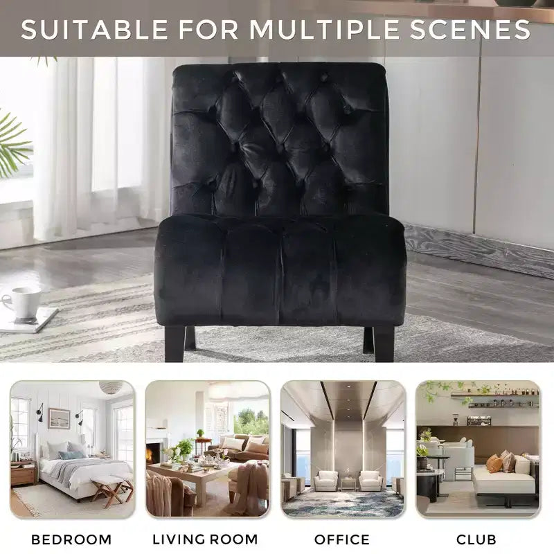 Fauteuil d'appoint sans accoudoirs en velours, avec boutons en tissu et pieds en bois