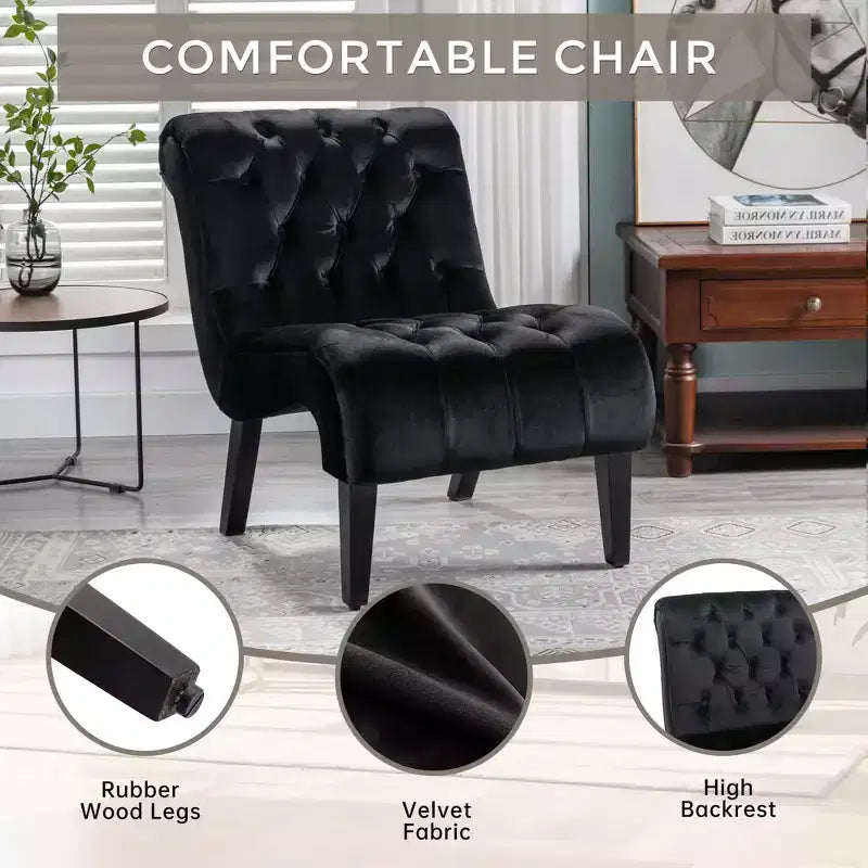 Fauteuil d'appoint sans accoudoirs en velours, avec boutons en tissu et pieds en bois