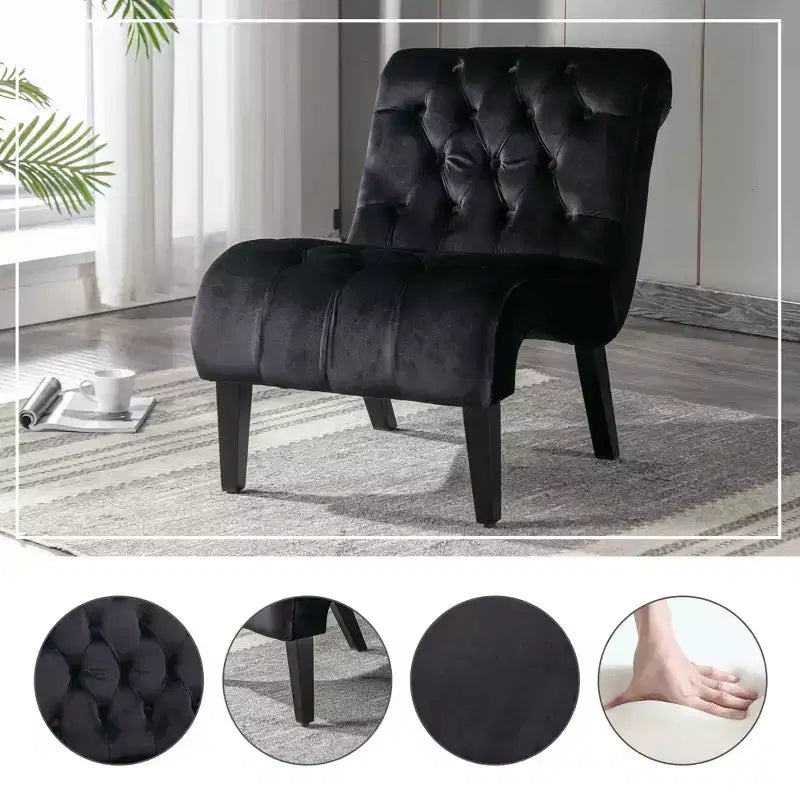 Fauteuil d'appoint sans accoudoirs en velours, avec boutons en tissu et pieds en bois