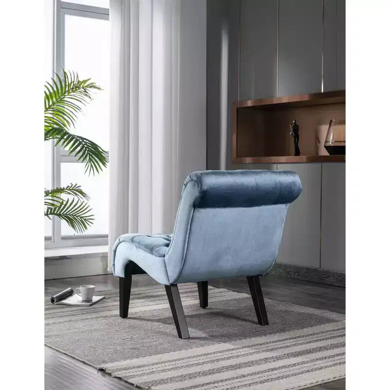 Fauteuil d'appoint sans accoudoirs en velours, avec boutons en tissu et pieds en bois