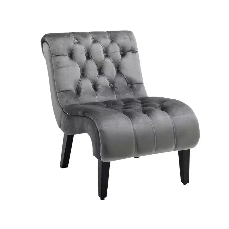 Fauteuil d'appoint sans accoudoirs en velours, avec boutons en tissu et pieds en bois