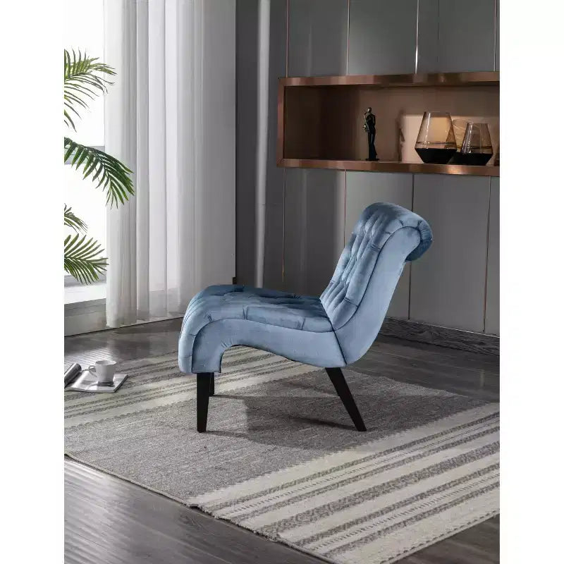 Fauteuil d'appoint sans accoudoirs en velours, avec boutons en tissu et pieds en bois