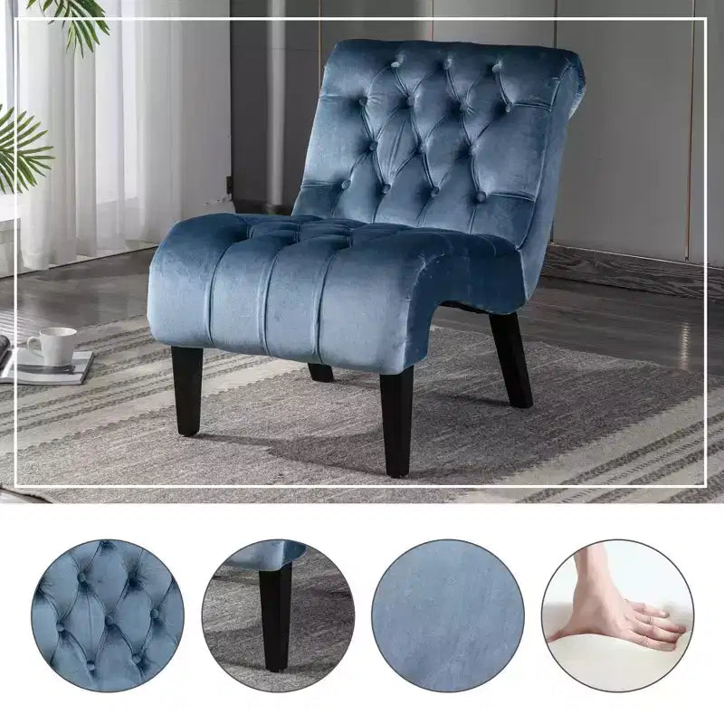 Fauteuil d'appoint sans accoudoirs en velours, avec boutons en tissu et pieds en bois