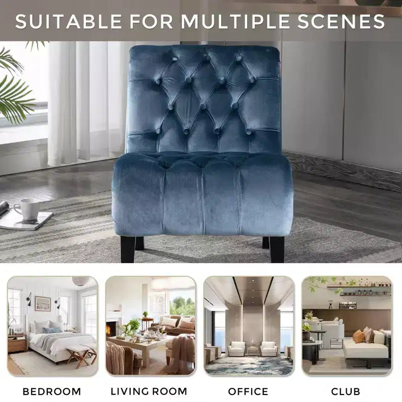 Fauteuil d'appoint sans accoudoirs en velours, avec boutons en tissu et pieds en bois