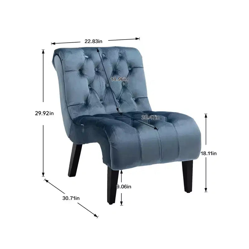Fauteuil d'appoint sans accoudoirs en velours, avec boutons en tissu et pieds en bois