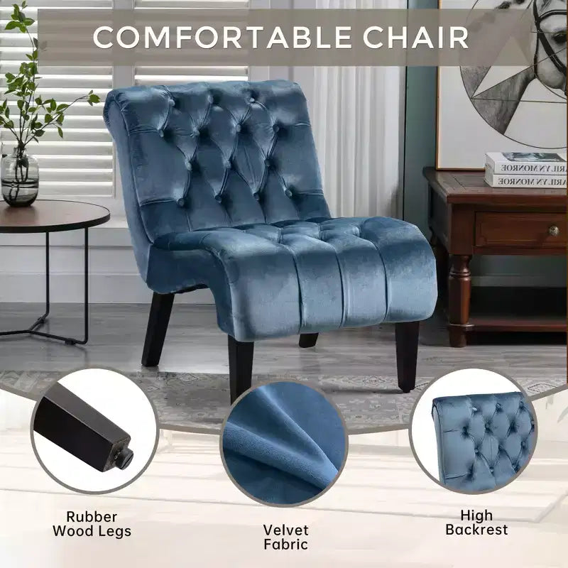 Fauteuil d'appoint sans accoudoirs en velours, avec boutons en tissu et pieds en bois