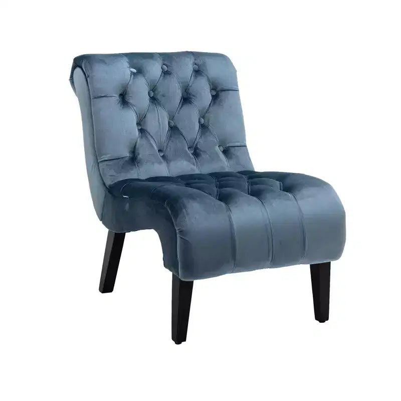 Fauteuil d'appoint sans accoudoirs en velours, avec boutons en tissu et pieds en bois