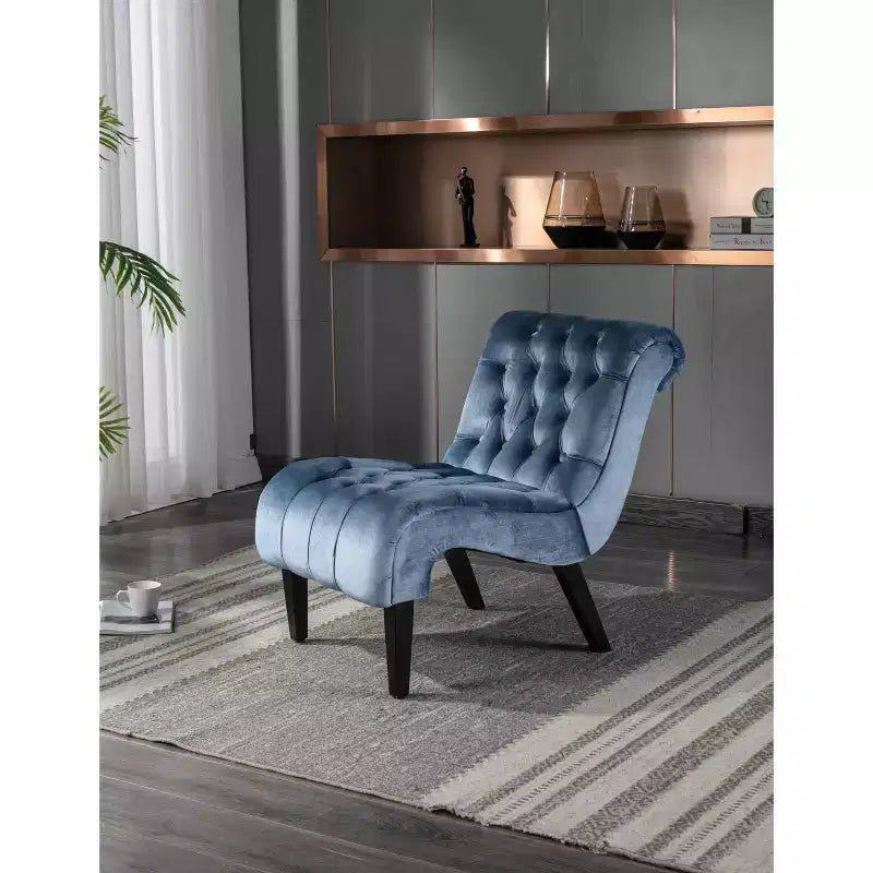 Fauteuil d'appoint sans accoudoirs en velours, avec boutons en tissu et pieds en bois