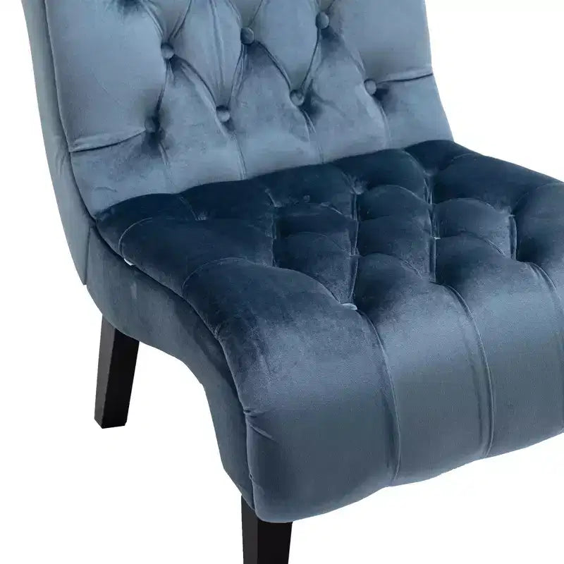 Fauteuil d'appoint sans accoudoirs en velours, avec boutons en tissu et pieds en bois