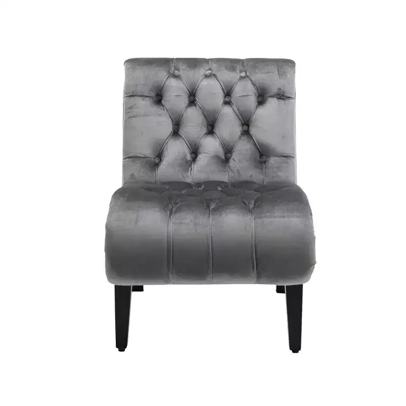 Fauteuil d'appoint sans accoudoirs en velours, avec boutons en tissu et pieds en bois