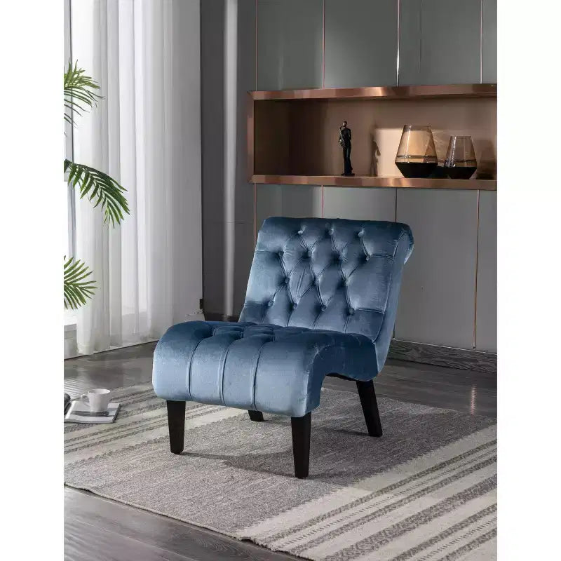 Fauteuil d'appoint sans accoudoirs en velours, avec boutons en tissu et pieds en bois