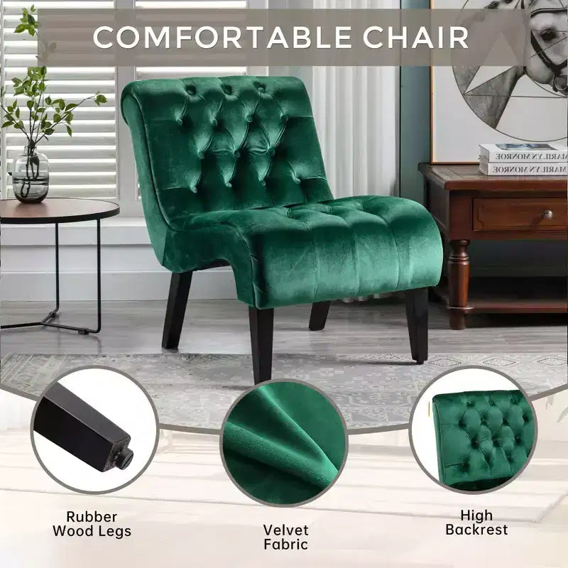 Fauteuil d'appoint sans accoudoirs en velours, avec boutons en tissu et pieds en bois