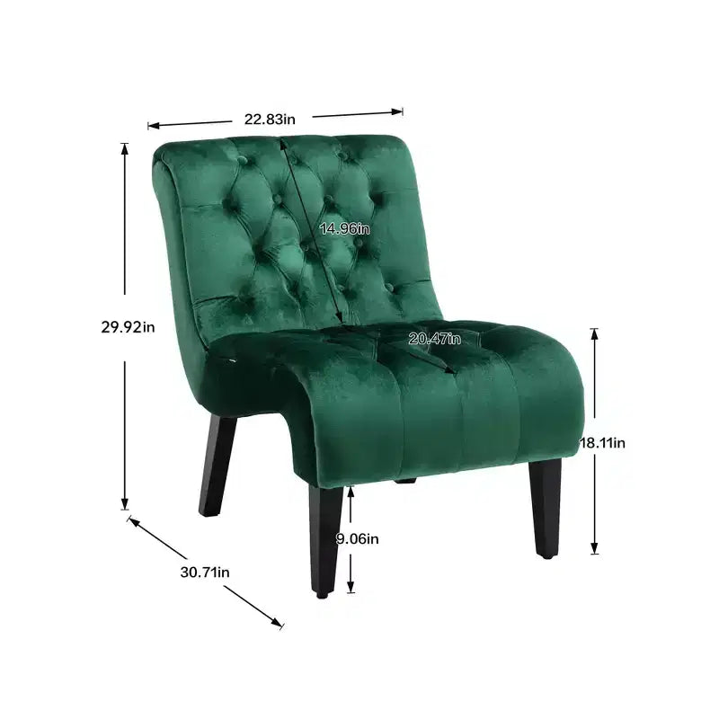 Fauteuil d'appoint sans accoudoirs en velours, avec boutons en tissu et pieds en bois