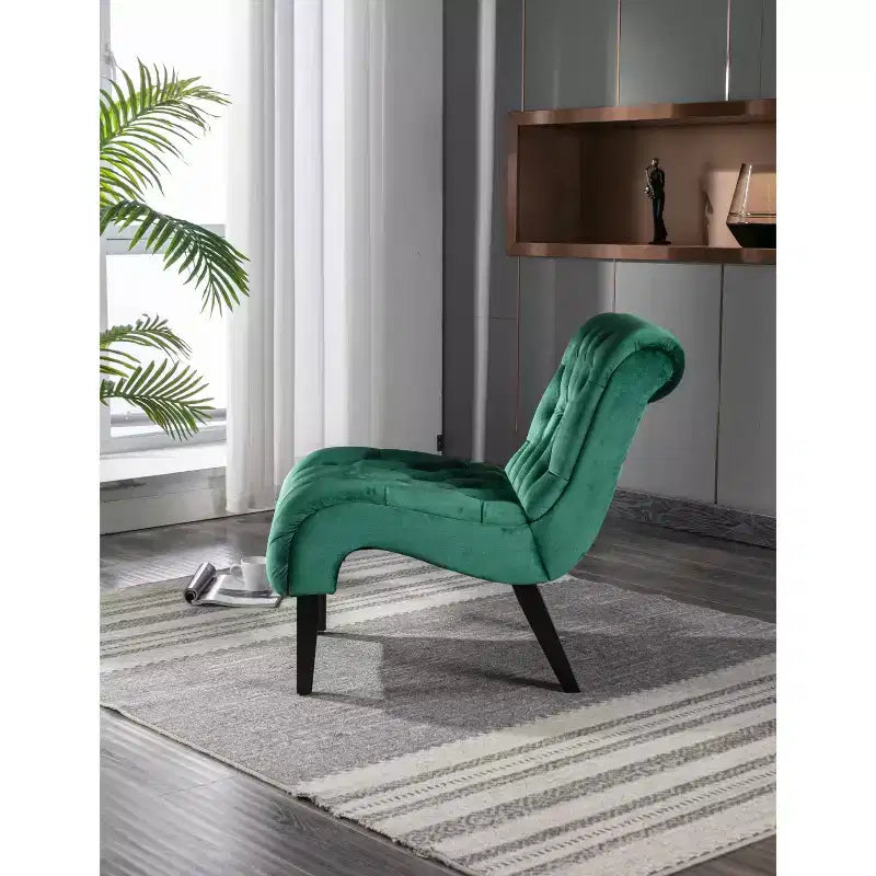 Fauteuil d'appoint sans accoudoirs en velours, avec boutons en tissu et pieds en bois