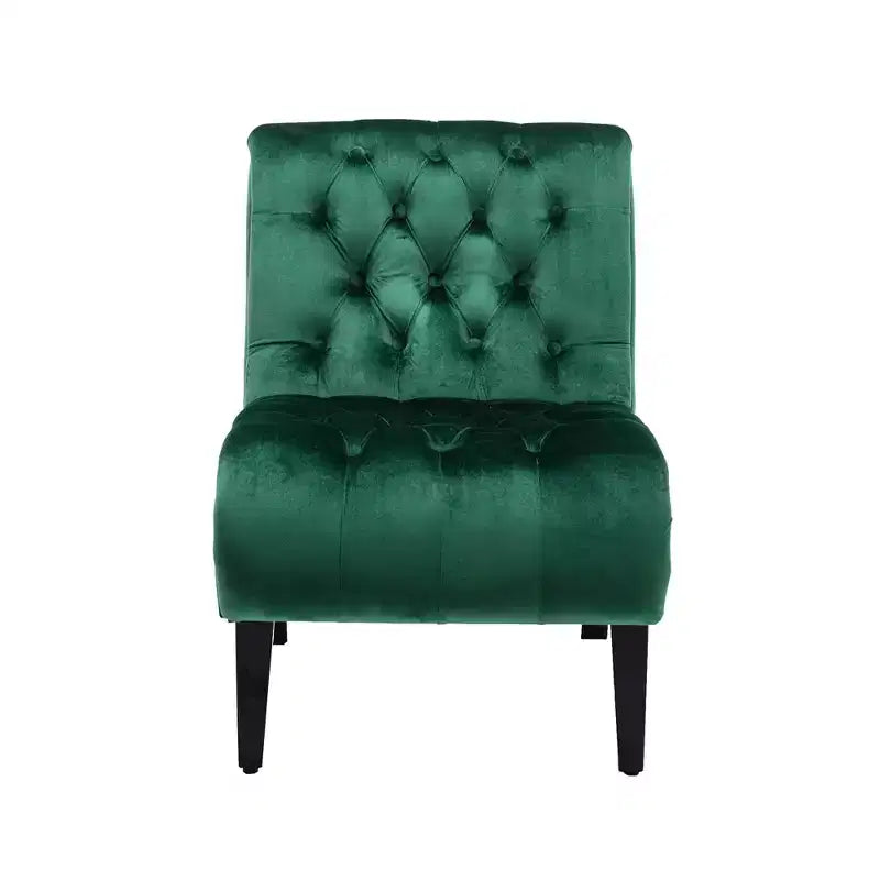 Fauteuil d'appoint sans accoudoirs en velours, avec boutons en tissu et pieds en bois